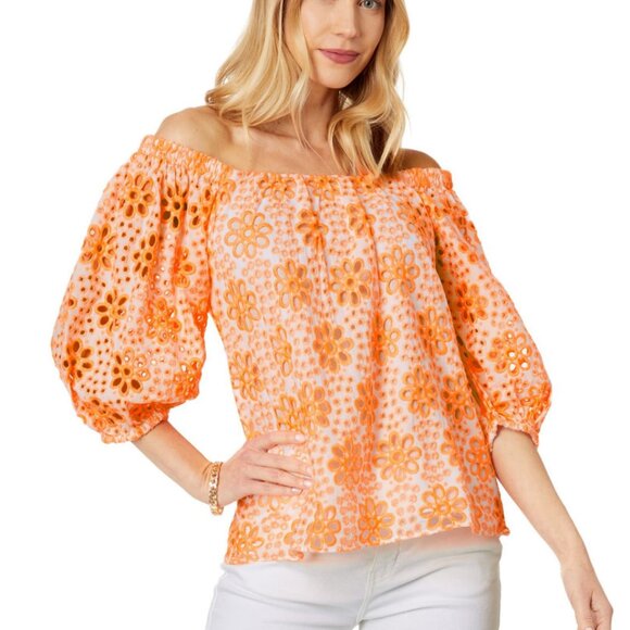 Lilly Pulitzer Tops - Lilly Pulitzer Kerrigan Elbow Sleeve Top Cantaloupe Funflower Eyelet